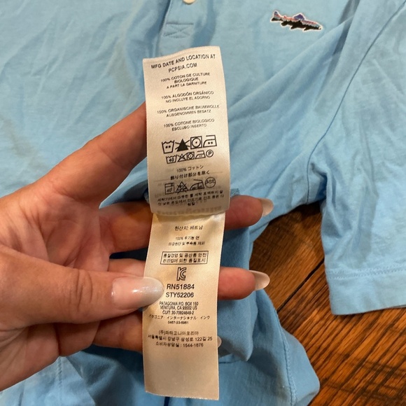 Patagonia Men’s Fitz Roy Trout Organic Cotton Polo Shirt – Bay Blue – Size Small - Picture 7 of 8